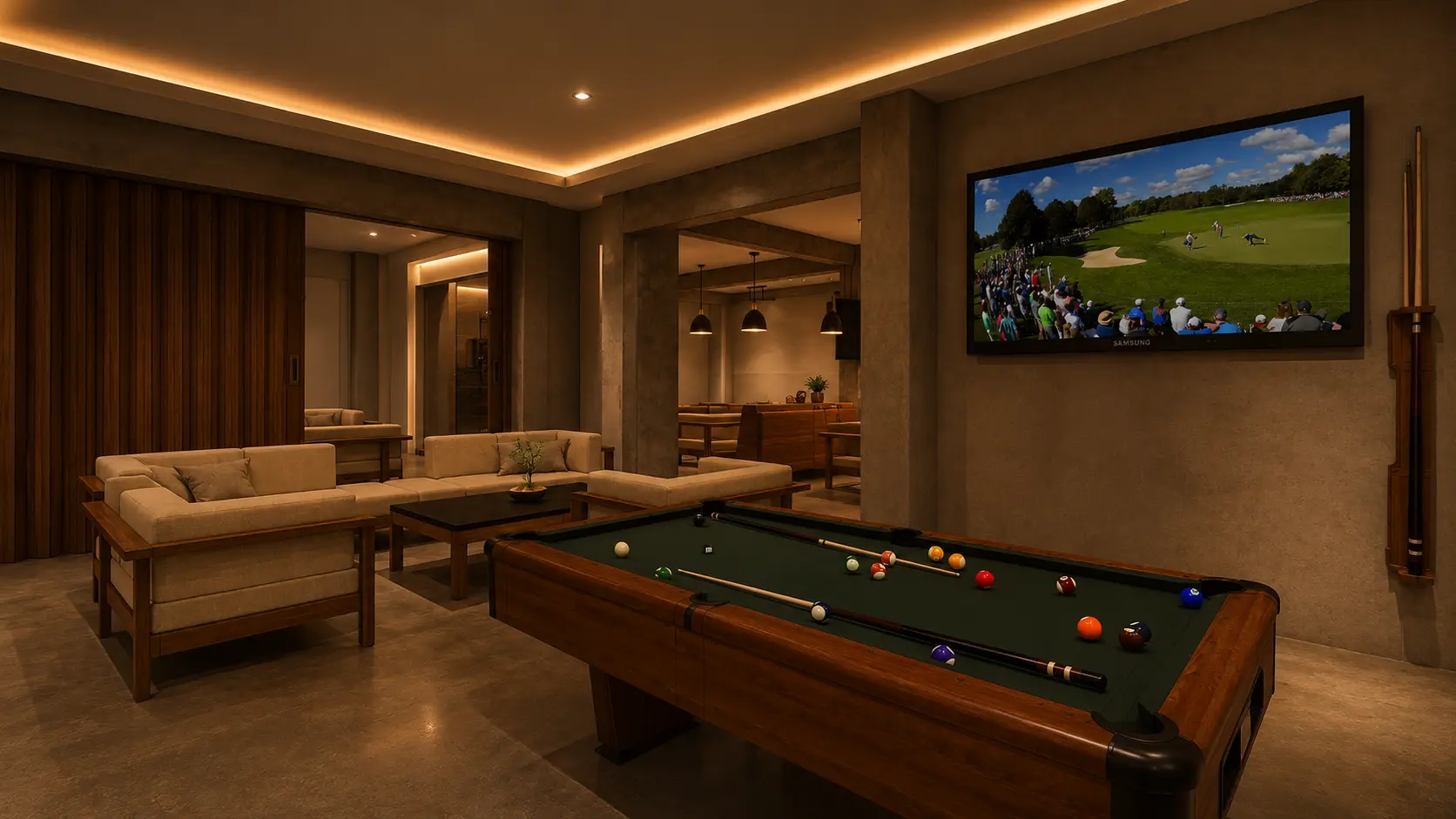 Salón de una bahía premium con sala, pantalla y mesa de billar
